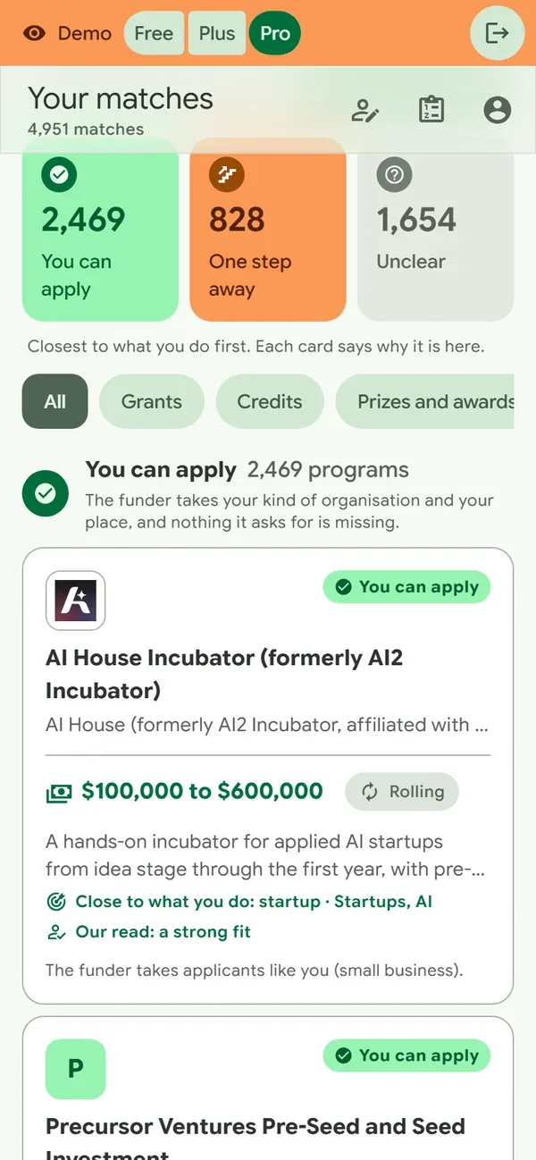 Raise Buddy's matches for a four-person AI startup in Austin, in the Pro demo: the counts it can apply for, is one step away from and is unclear on, then each card with the funder's icon, the amount in green and the No blocker found badge; the AI House Incubator comes first
