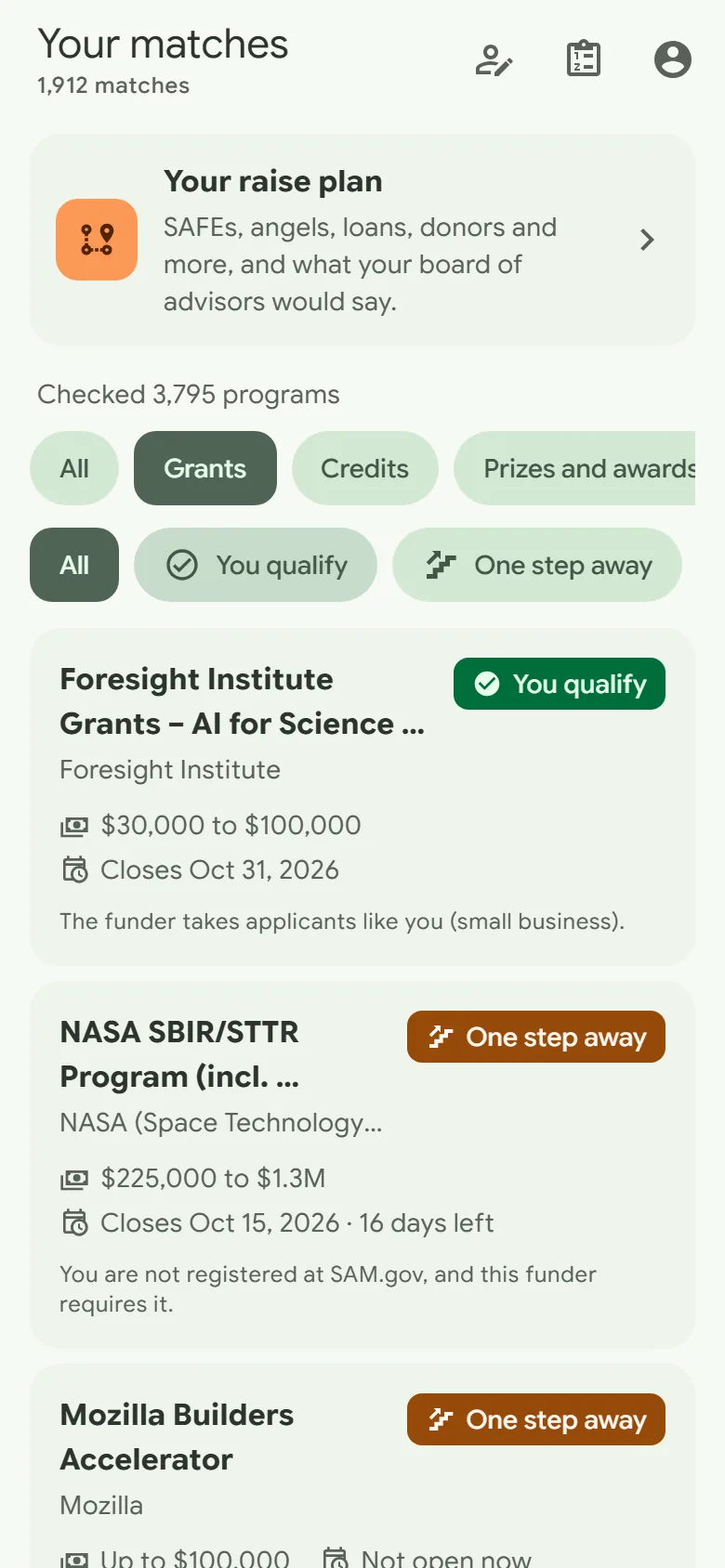 Raise Buddy's matches for a four-person AI startup in Austin: a Foresight Institute grant it qualifies for, and NASA's SBIR program one step away