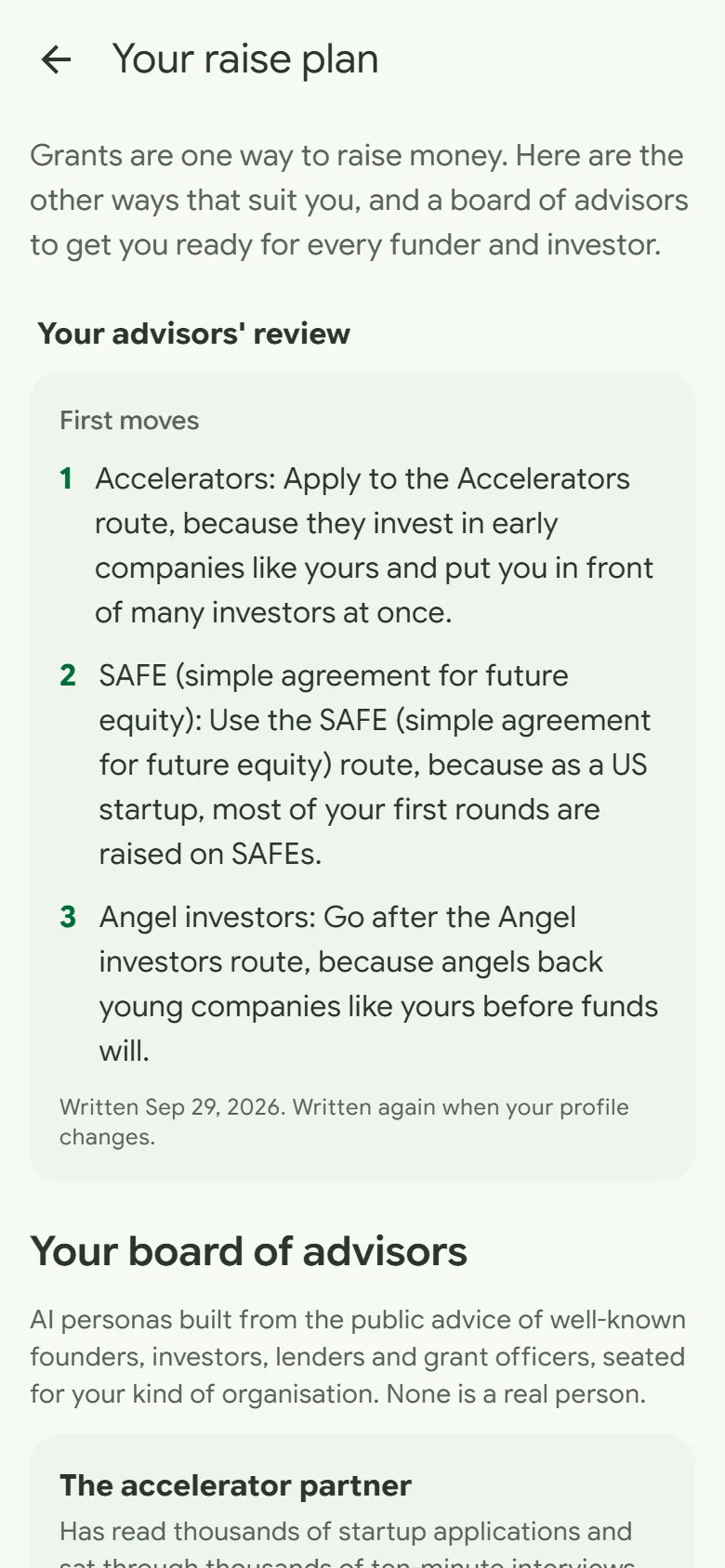 The advisors' review in Raise Buddy's raise plan: the first moves for an AI startup